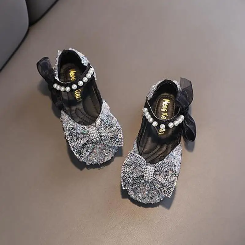 AINYFU Spring Kids Glitter Pearl Flat Princess Shoes Girls Lace Bow Wedding Leather Shoes Children Soft Bottom Dance Shoes