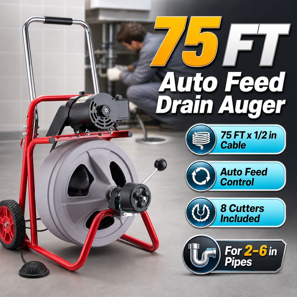Electric Drain Cleaner Machine 75 FT x 1/2 Inch, Auto Feed Sewer Snake with 8 Interchangeable Cutters, Air-Activated Foot Switch, Fwd/Rev, Solid Steel Core Cable, Portable on 7.5