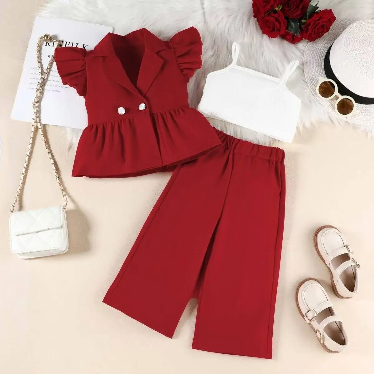 Kids Set 2026 New Summer Outfit Girls Fashion Lapel Flutter Sleeve Top with Jumpsuit Straight Pants 3 Pcs Set 90-130cm