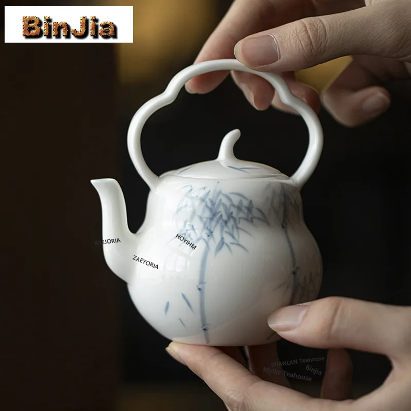 BAEJORIA 150ml White Porcelain Loop-handled Teapot Hand-painted Bamboo Teapot With Filter Boutique Pot Tea Maker Kettle Crafts