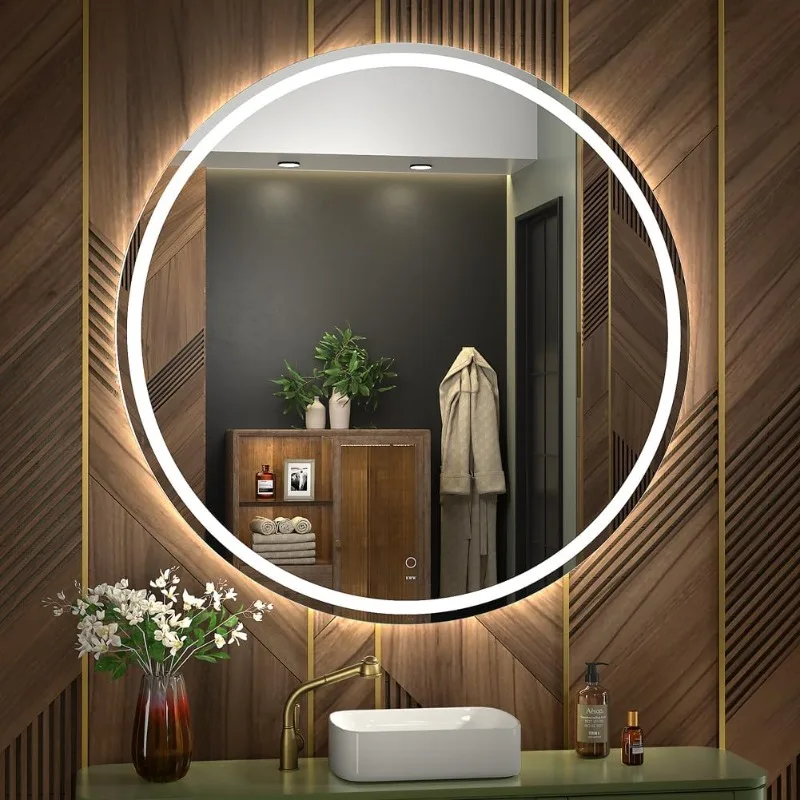 

Large Modern LED Round Bathroom Vanity Mirror, Color Temperature Adjustable, Anti-Fog Dimmable Lights, Easy to Install