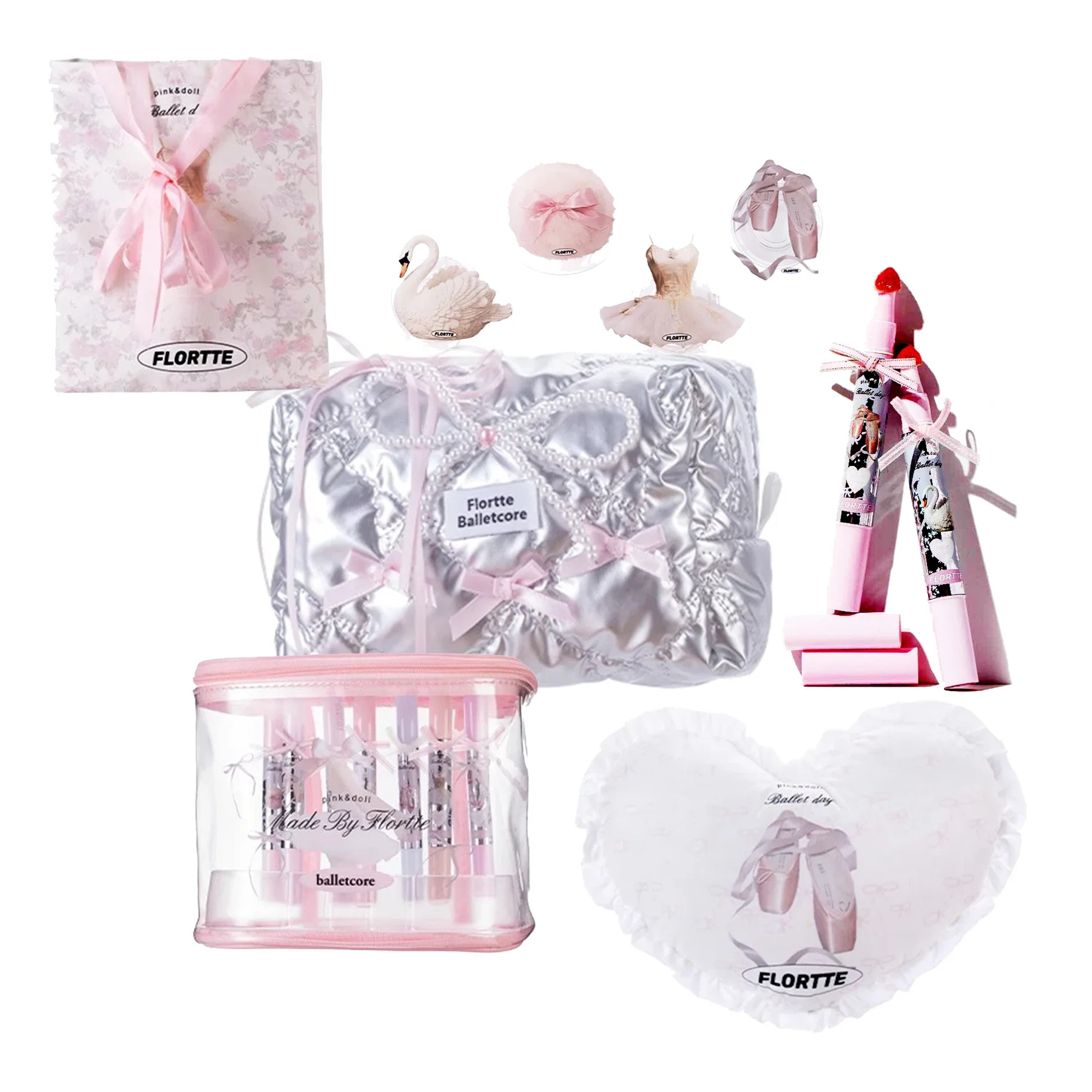 

FLORTTE Makeup Set Bow Tie Lip Mask & Lip Glaze Plumper Lipgloss Makeup Bag ALL IN Ballet Day Set Pink & Doll 15PCS