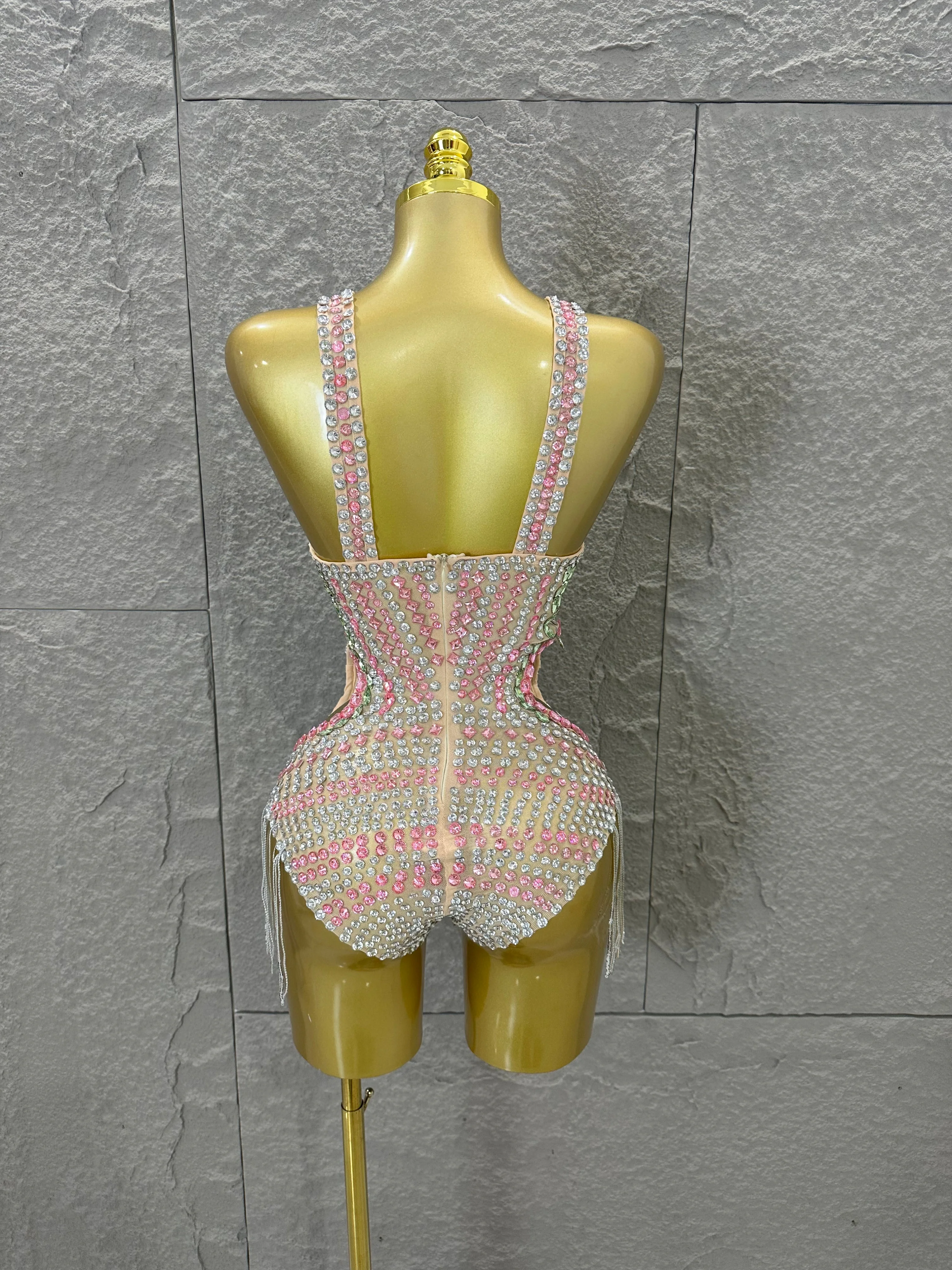 Sexy 2026 Crystal Bodysuit Women Sexy U-Neck Sheer Mesh Cutout Rhinestone Fringe Bodycon Outfit Nightclub Party Costume