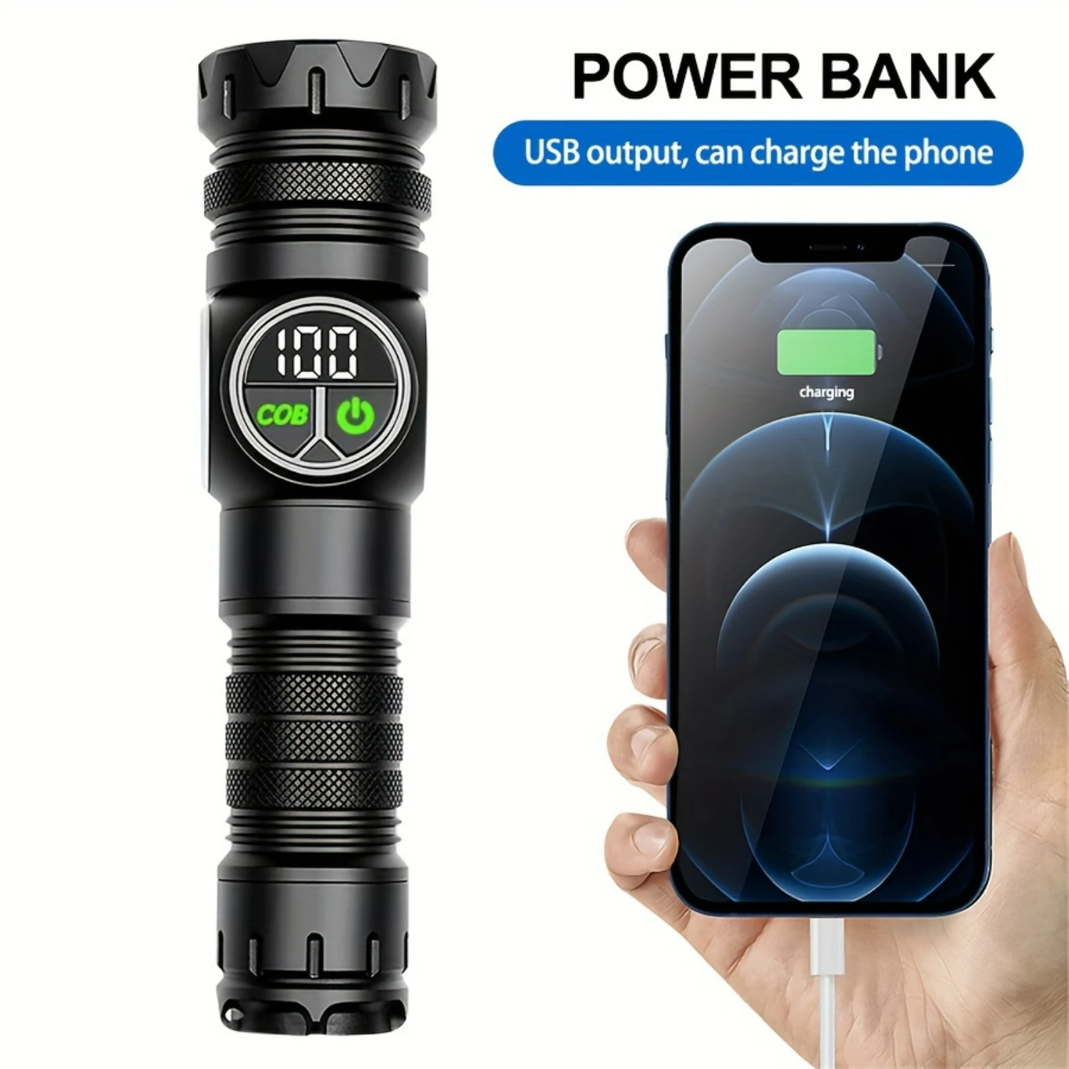 Ideal choice for outdoor enthusiasts  Multifunctional, rechargeable LED flashlight with retractable zoom and dual switch. Featur