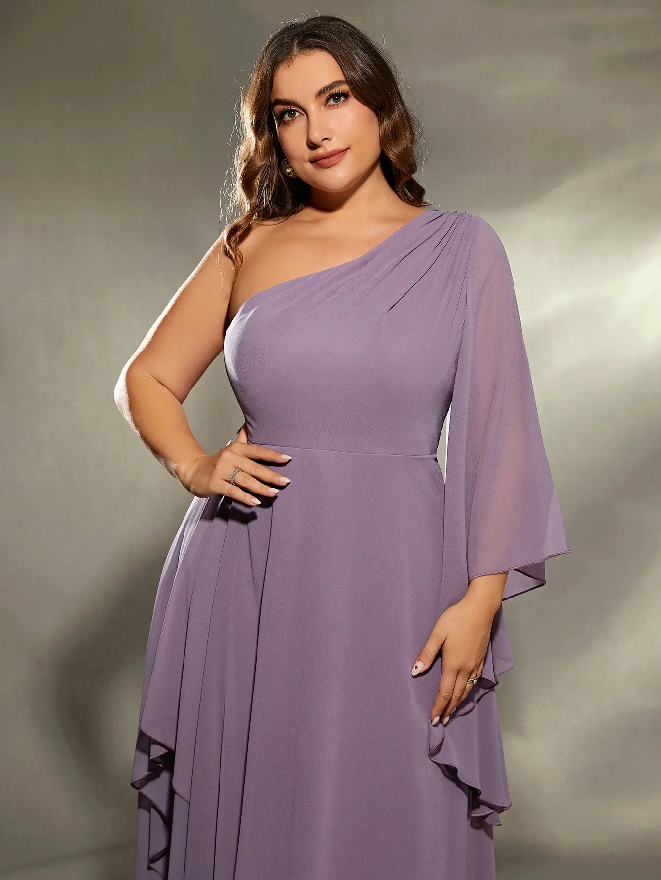 Mgiacy plus size One shoulder large long sleeve irregular lotus towel chiffon long dress Evening ball dress Party dress