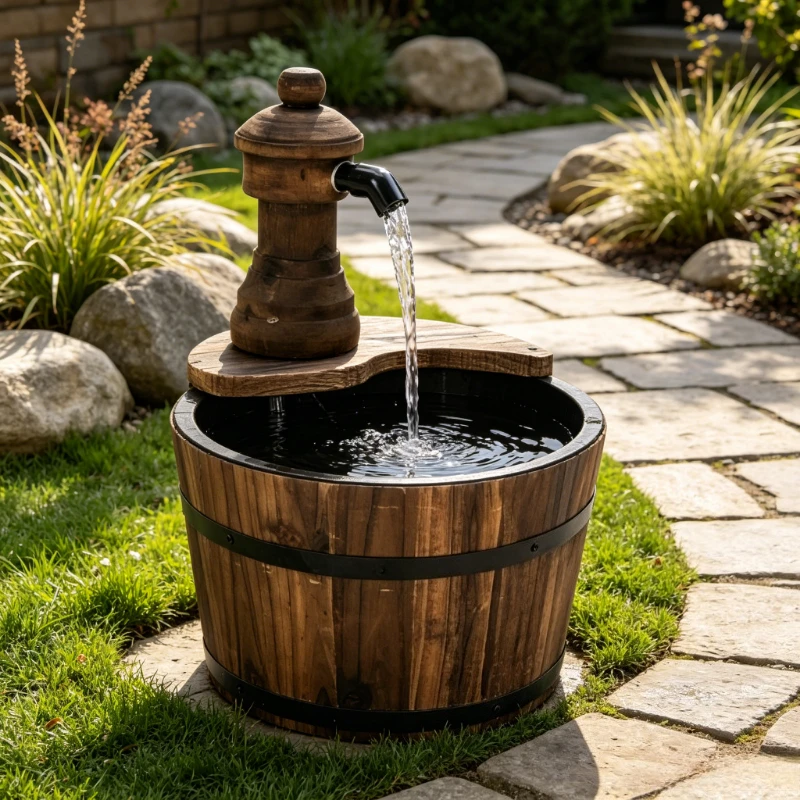 Fontaine cascade décorative en bois, en bois de sapin naturel avec métal, Ø27 x 37 cm, fabrication soignée, aspect classique, ornement pratique pour aménagement paysager de cour, décoration de fontaine d'eau