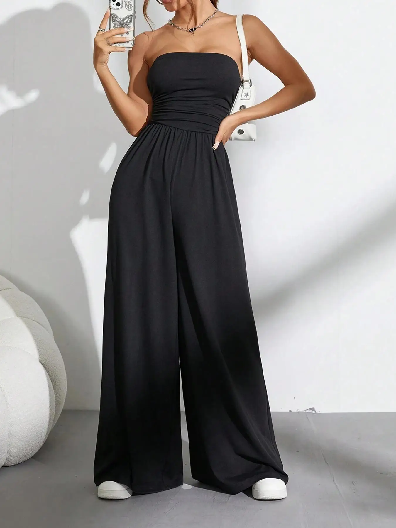 Women's Summer Strapless Off-Shoulder Solid Color Wide-Leg Casual Jumpsuit