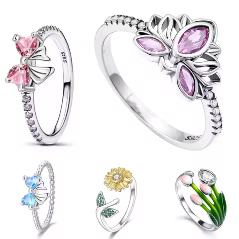Europe Fashion 925 Silver blue bowknot Ring Pink Lotus Rings for Women Anniversary exquisite Jewelry Valentine's Birthday Gifts