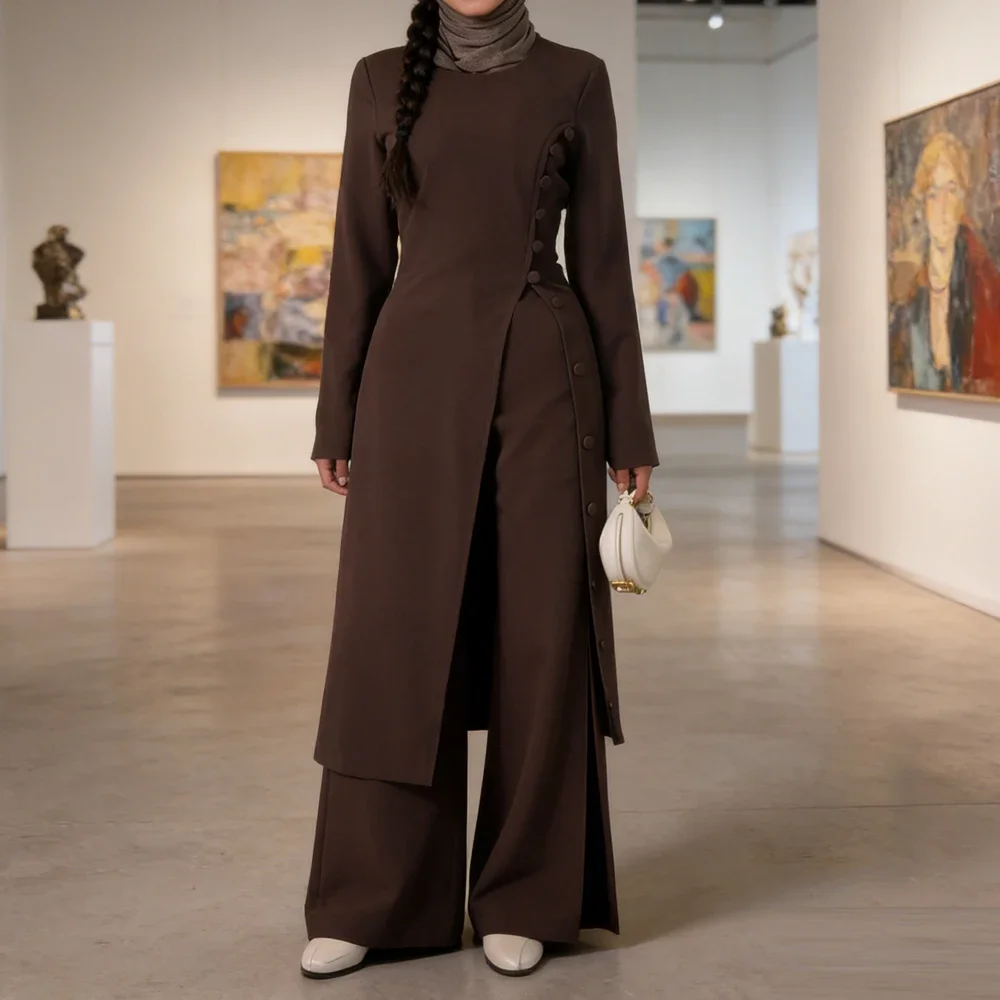 

2026 Eid Muslim Sets Single Breasted Shirts Pants Women Long Tops Trousers Suit Dubai Abaya Islam Robe Femme Musulmane Ensembles