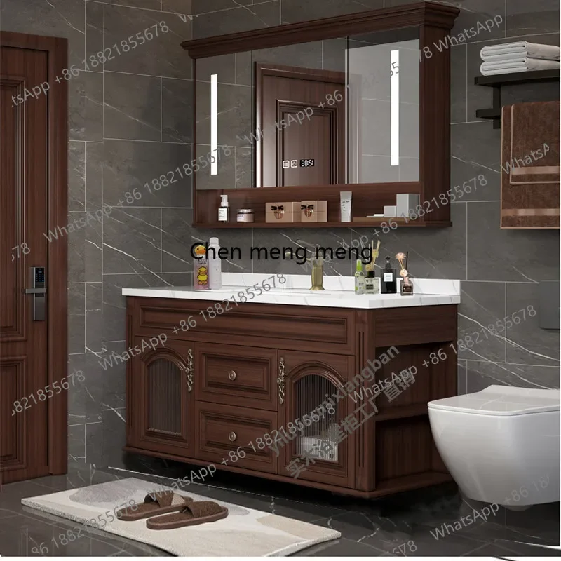 

New Chinese smart bathroom cabinet combination bathroom solid wood wall-mounted bathroom oak hand wash basin