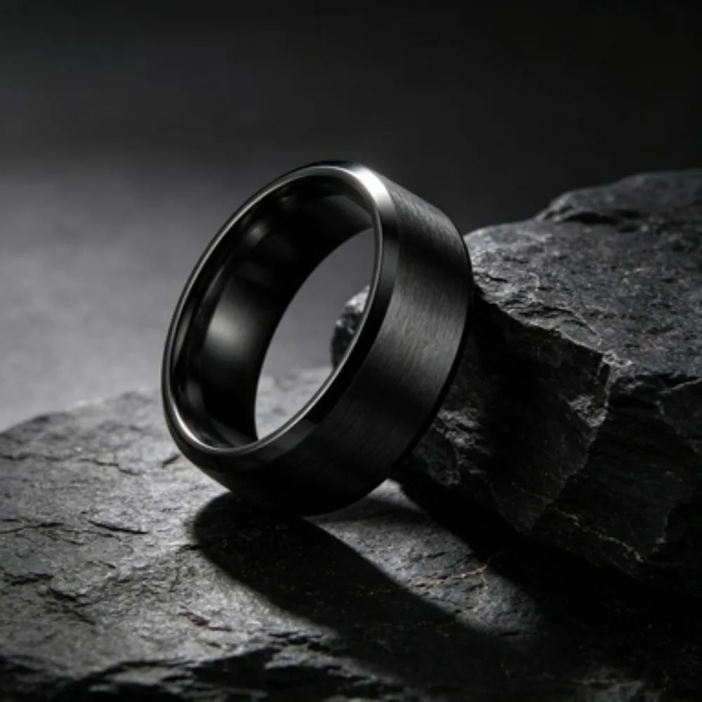 8mm Men's Black Stainless Steel Wedding Band Rings Black Groove Beveled Edge Engagement Ring for Men's Valentine Gifts Jewelry