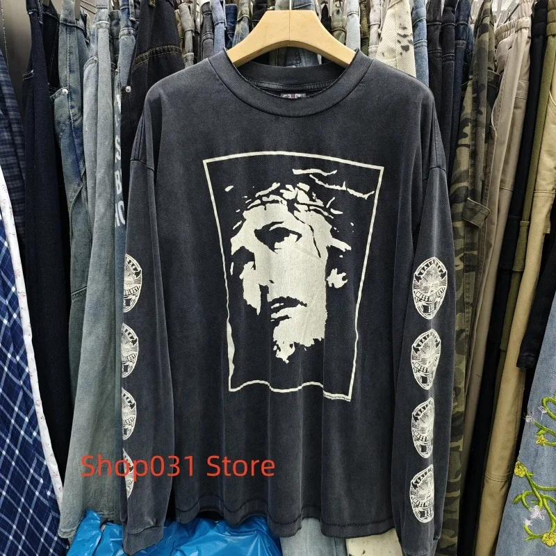 

Retro Washed Saint Long Sleeve Cotton T-Shirt Black Distressed Vintage Style Casual Loose Fit Unisex Street Fashion Clothing