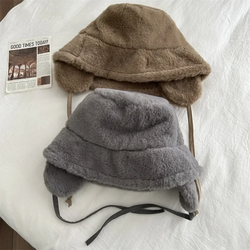 Korean New Ear Protection Bucket Hats for Women Autumn and Winter Travel Versatile Warm Retro Solid Color Plush Men\'s Caps