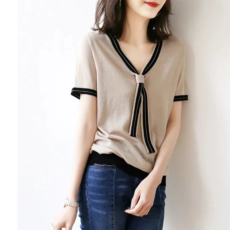 

Temperament V Neck Streamer Ice Silk Short Sleeves Loose Casual All-match Women's Knitted Top Cozy Fashion Bottoming T-shirt