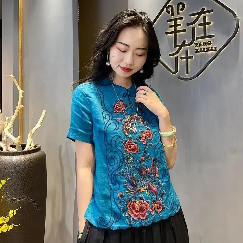 

Cotton and Linen New National Style Blouse Female Summer Chinese Style Short Sleeve Buttons Floral Embroidered Shirt