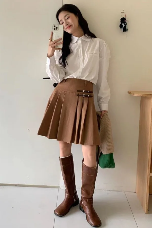 

Wool Pleated Skirt for Women Autumn Winter High Waist A Line Plus Size Slim Fit Puffy Skirt with Safety Shorts Student Style