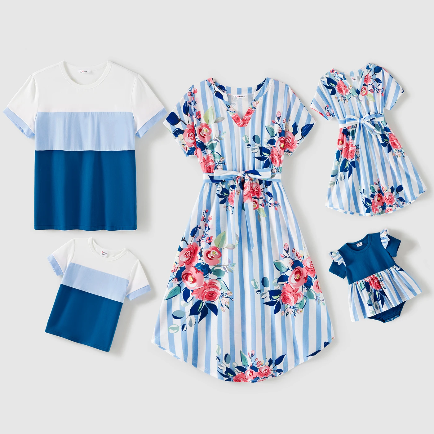 

PatPat Family Matching Cotton Short-sleeve Colorblock T-shirts and Striped Floral Print V Neck Belted Dresses Sets