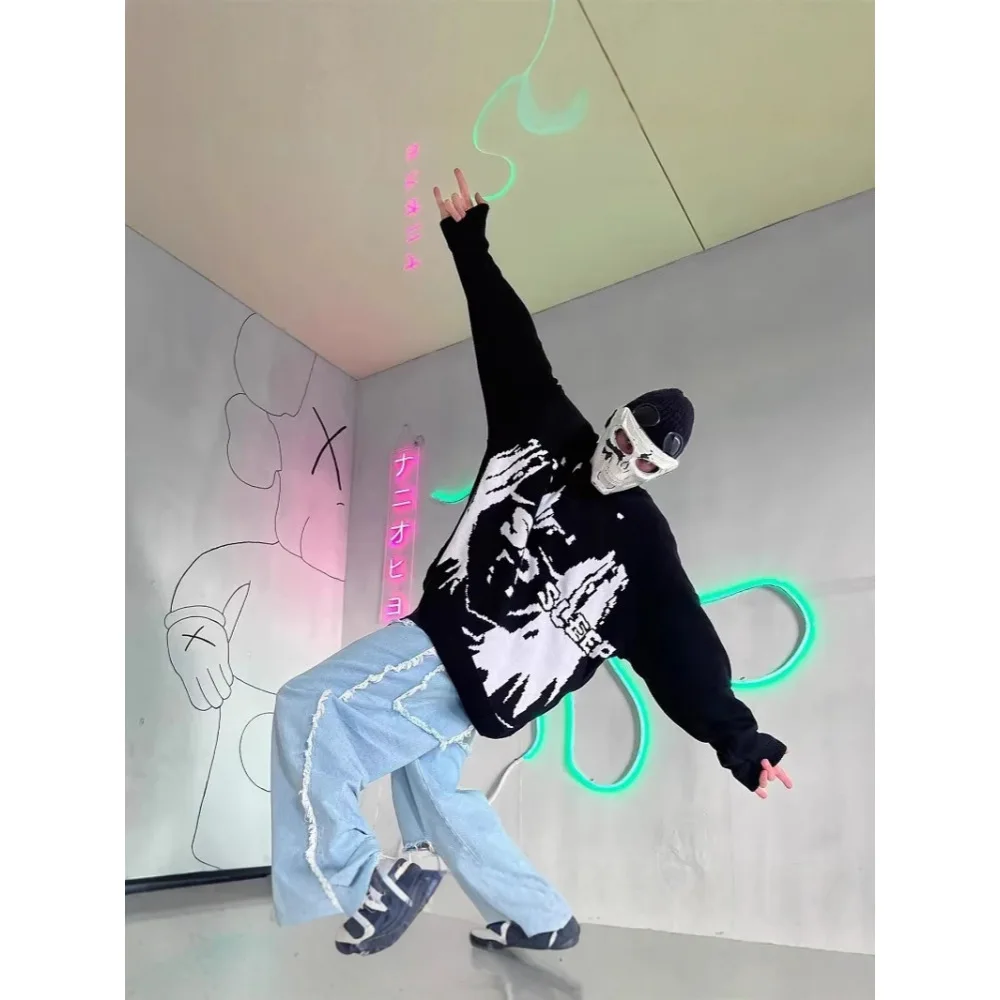 Y2K Anime Girl Graphic Jacquard Sweater Unisex Black White Pixel Print Oversized Crew Neck Pullover Grunge Streetwear Winter