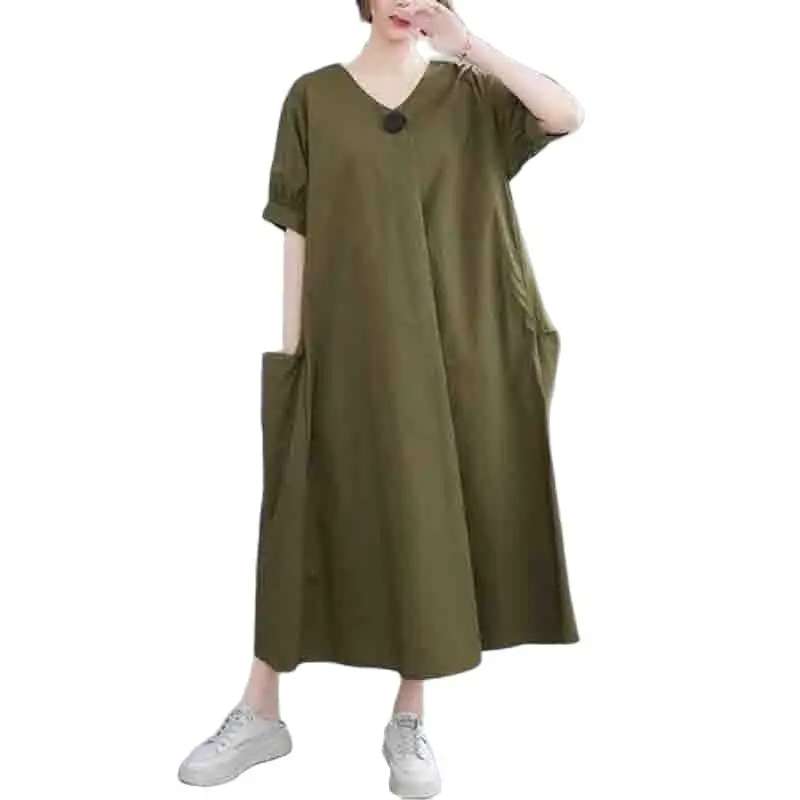 

Literature Simple Giant Swing Medium Long Short Sleeves Over the Knee Dress Female Summer Korean Version Loose And Slim Coat