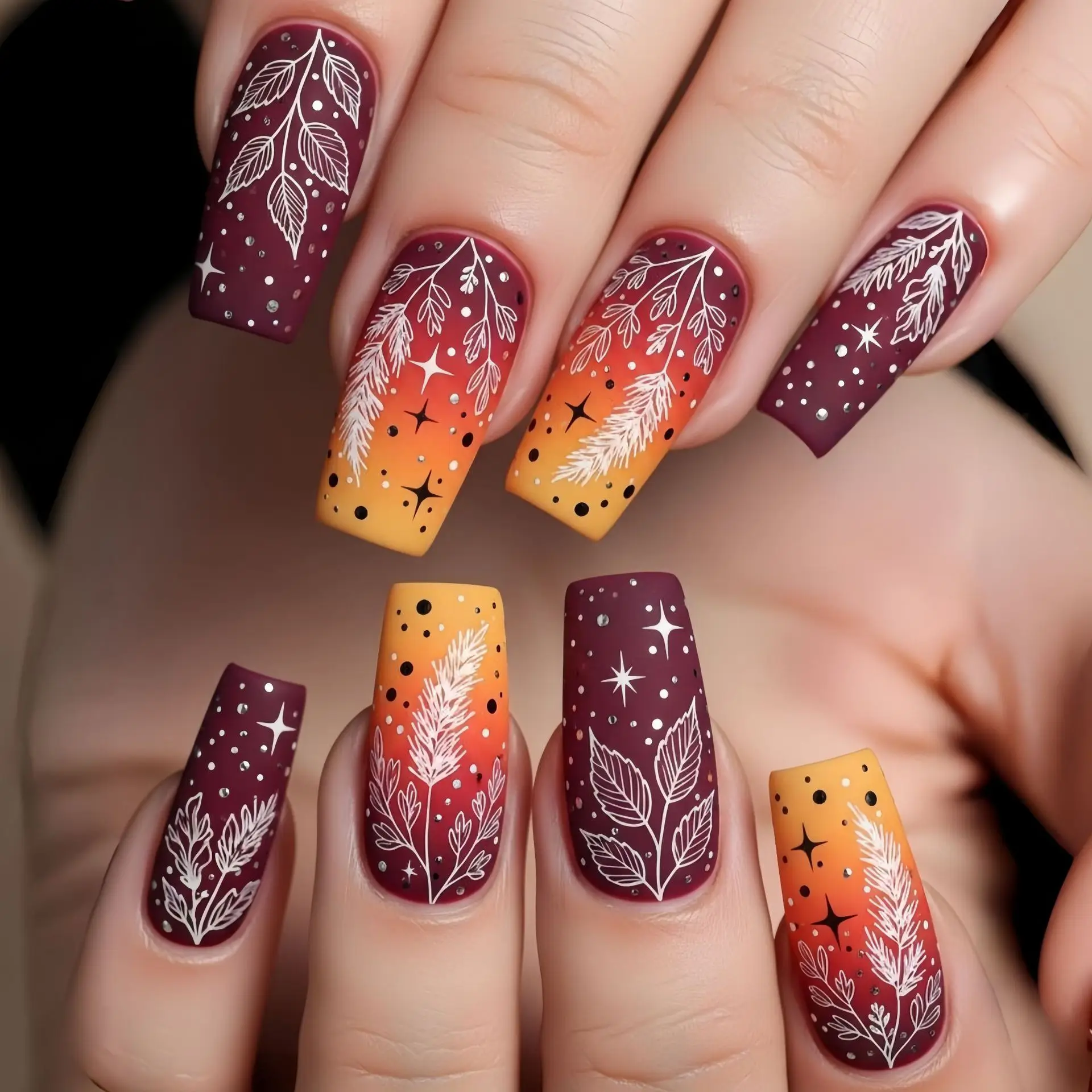 Faux ongles moyens pour femmes et filles, colorés, violet, jaune, rouge, marron, plume, design feuille, mat ou brillant, pointes carrées à pression