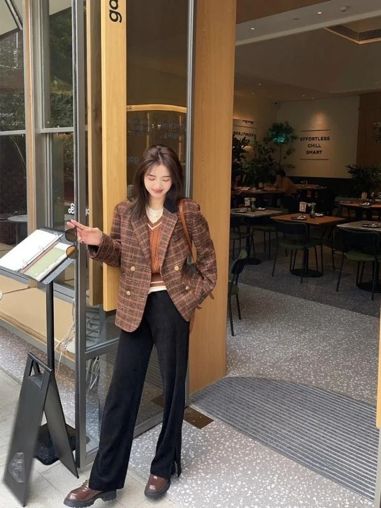 2026 Women French Style Blazer Autumn Winter Houndstooth Retro Thickened Elegant Petite Suit Jacket Trendy Coat