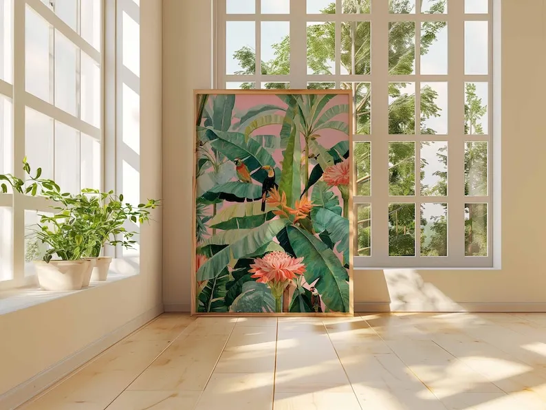 1 pôster retrô tropical em tela, sem moldura, estampa botânica da natureza, folhas de selva, arte de parede para decoração de sala de estar e quarto