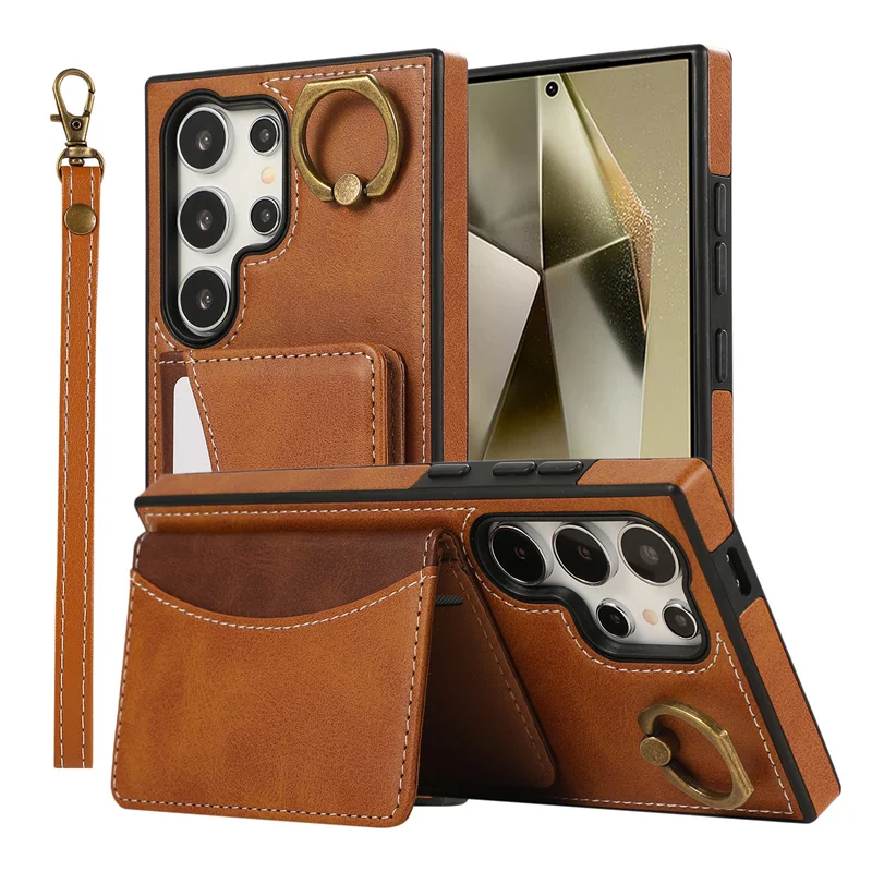 Two Tone Leather Wallet Card Slot Wrist Strap Holder Phone Case For Samsung Galaxy S24 S23 S22 Ultra Plus A55 A54 A53 A34 A33