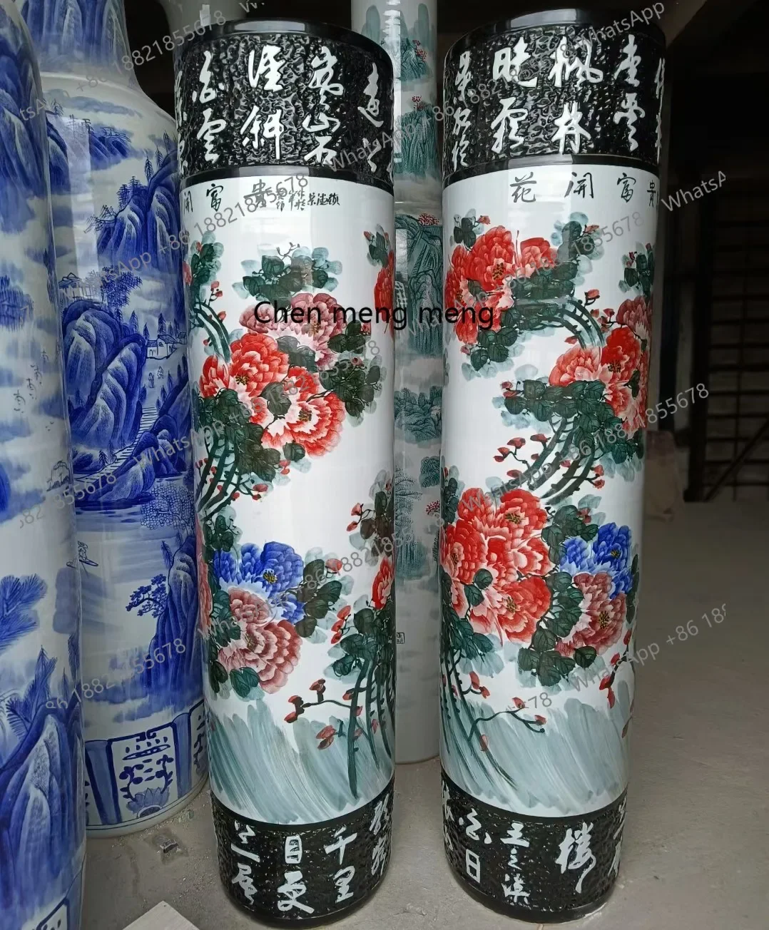 A74Hand-painted floor-to-ceiling vase, welcome pine blue and white landscape ceramic large ornament vase, decoration