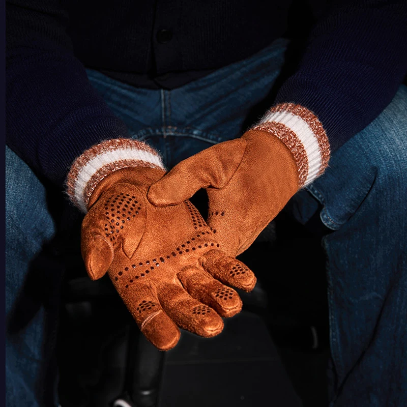 Man Autumn Winter Suede Touchscreen Gloves Exposed Thumb Index Fingertips Non-slip Silicone Palm Striped Knit Cuff Warm Driving