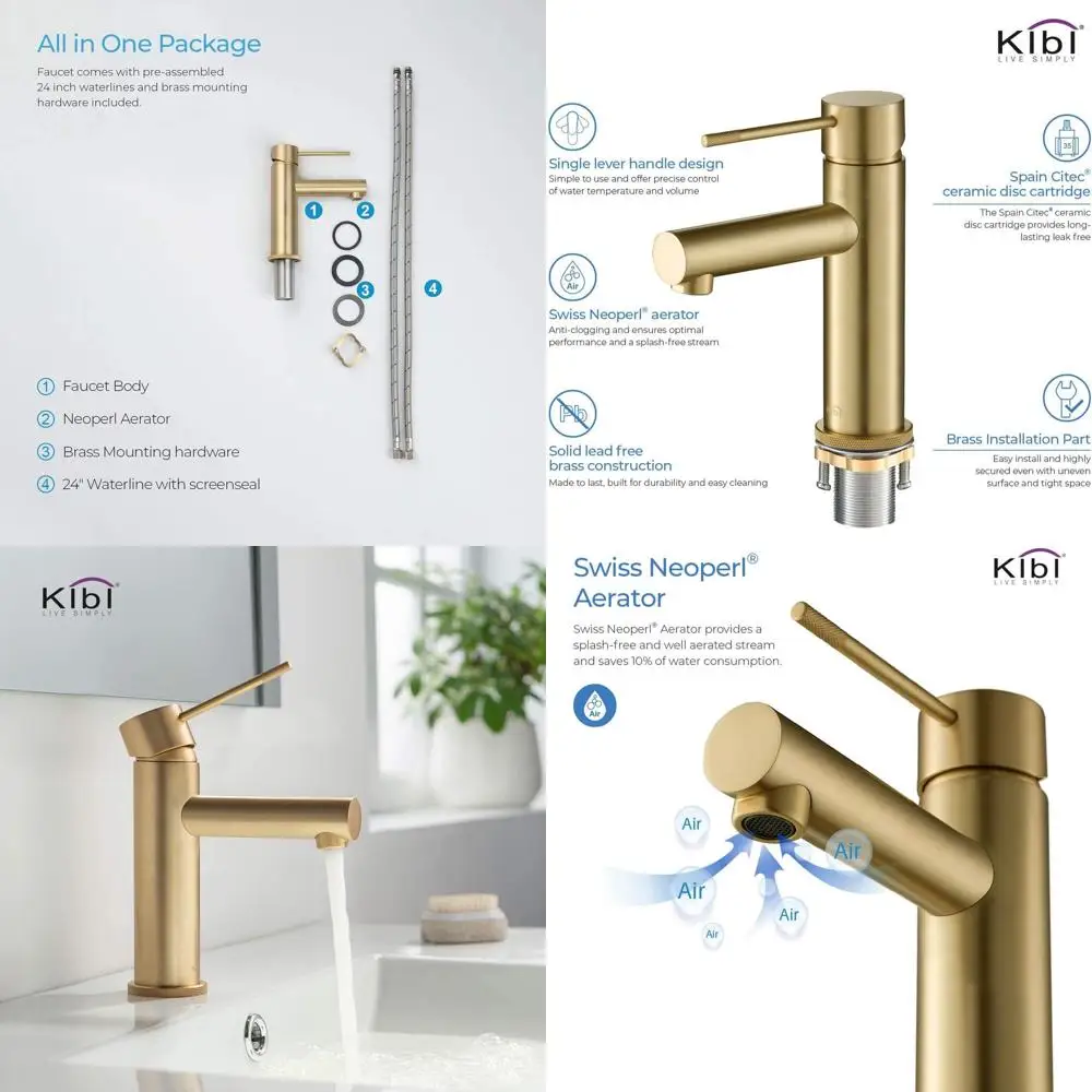 

Single Hole Circular Brass Faucet with High Arc Spout for Bathroom Sink, Pop-Up Drain Included, Brushed Gold Finish, Corrosion R