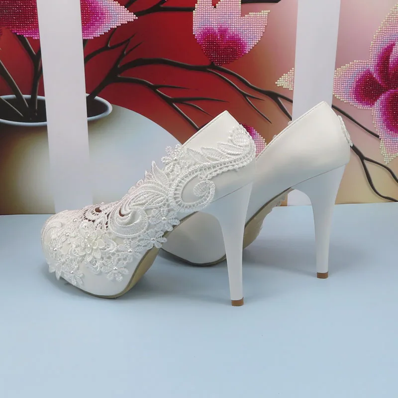 White High Heel Flower Wedding shoes Bride Ladies high platform shoes woman Fashion Round Toe Party Dress shoes Shallow shoe image 3