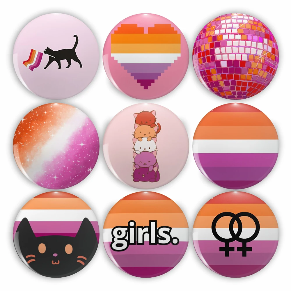 Lesbian LGBT Tinplated Brooches Pride Rainbow Flag Button Pins Lapel Badges for Backpack Hat Clothes Jewelry Gifts 44mm
