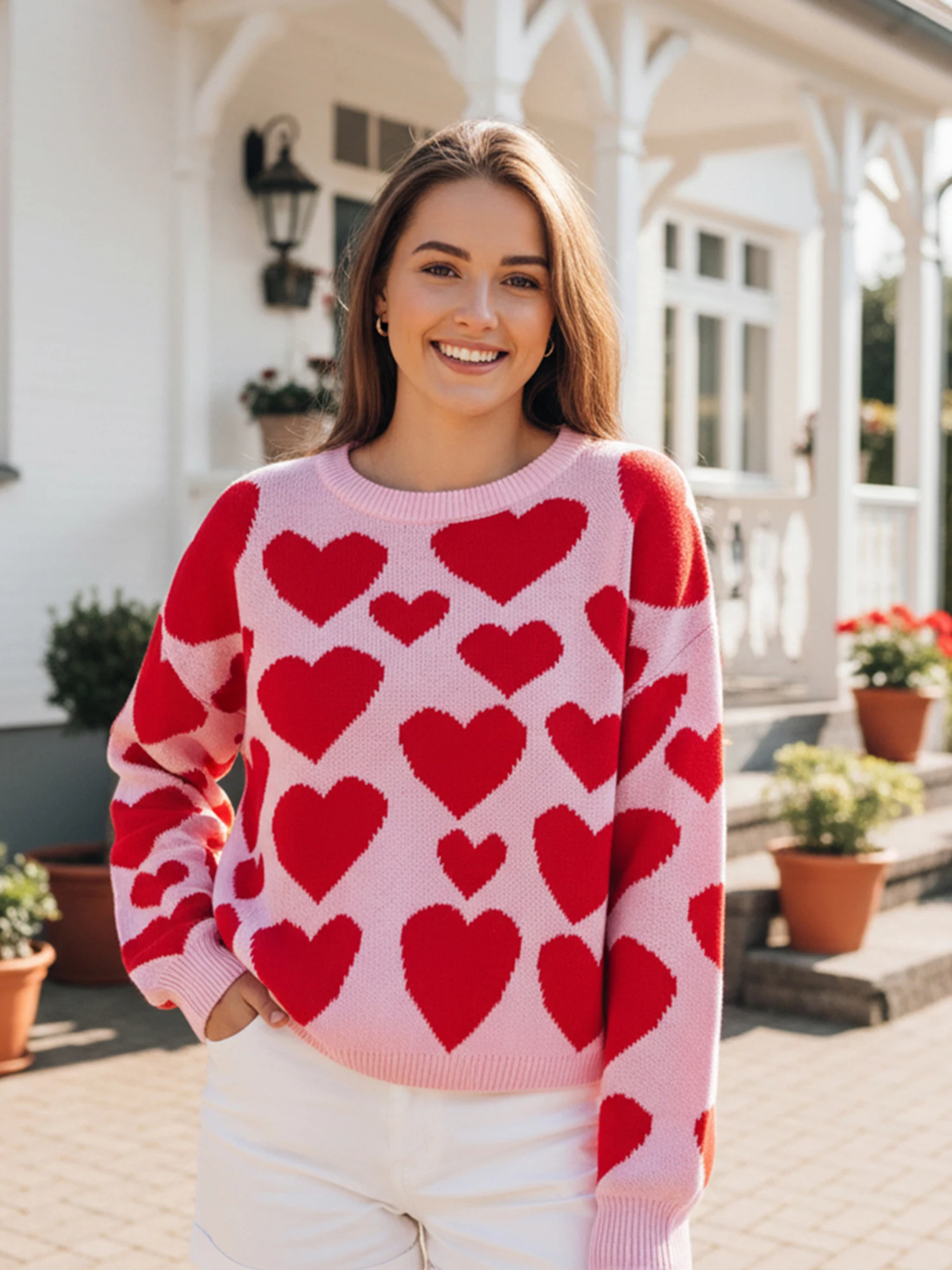 سترة نسائية مريحة كبيرة الحجم مع تصميم قلب لطيف، بلوفر محبوك أنيق بأكمام طويلة باللون الأحمر كاجوال برقبة دائرية للخريف