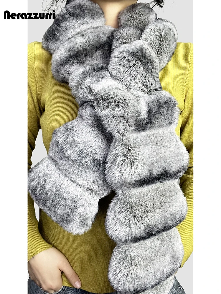 Nerazzurri Winter Fluffy Thick Warm Soft Colorful Stripped Faux Chinchilla Fur Scarf Women New 2024 Arrival Chic Fabulous Shawl