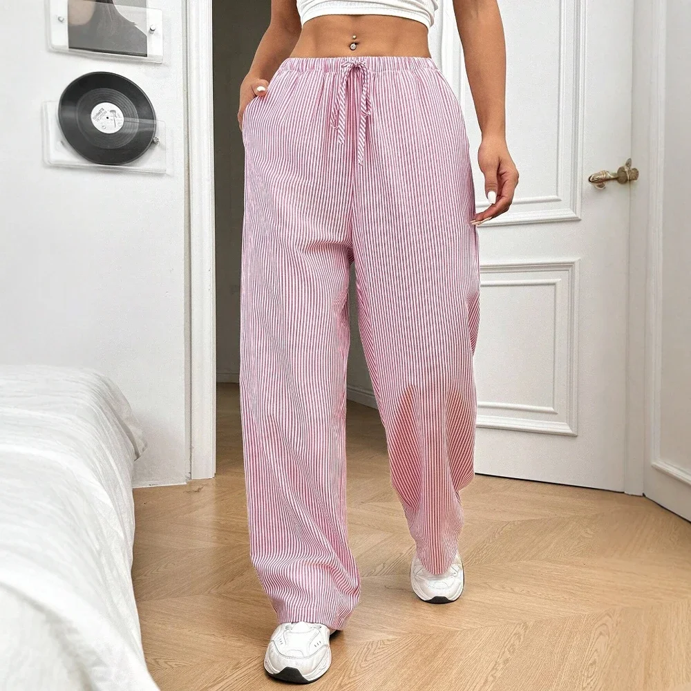 السراويل النسائية الصيف الكورية أزياء مريحة المشارب بسيطة عالية الخصر كامل طول السراويل عمال مستقيمة