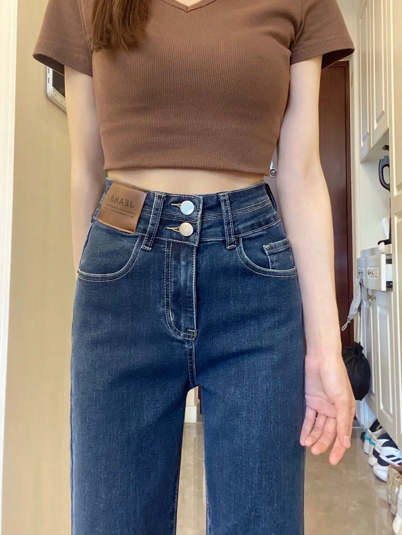 

Прямые джинсовые джинсы с высокой талией, женские осенние новые облегающие универсальные брюки небольшого размера с девятью трубкой, хлопковые эластичные джинсовые брюки