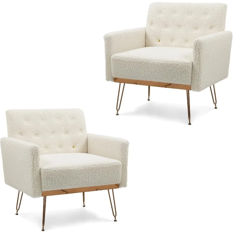 

Accent Chair Set of 2, Reading Chairs with Arm and Gold Metal Leg for Living Room Bedroom Club (2, White(Teddy Fabric))