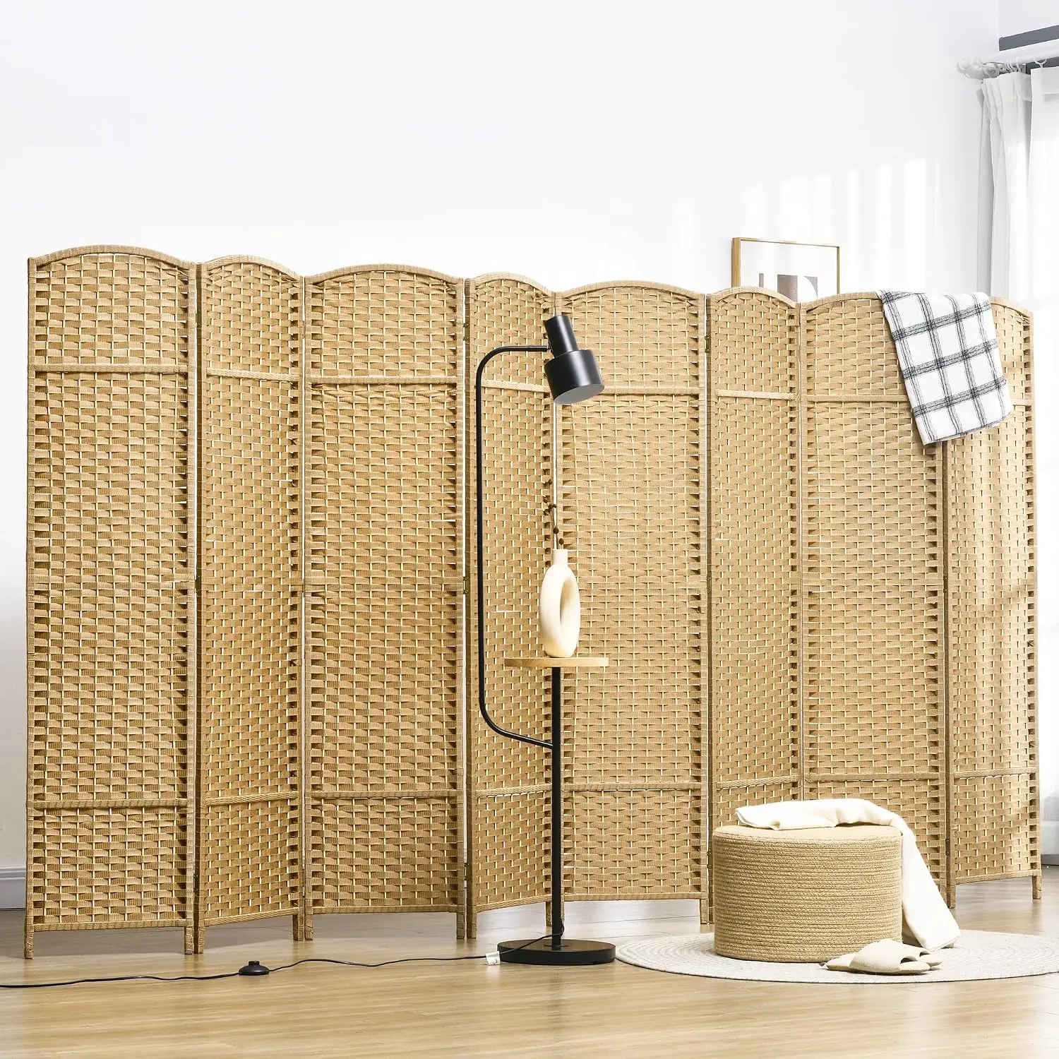 8 Panel Folding Privacy Screen 5.6' Tall Nature Wood | Freestanding Partition For Home Office And Bedroom
