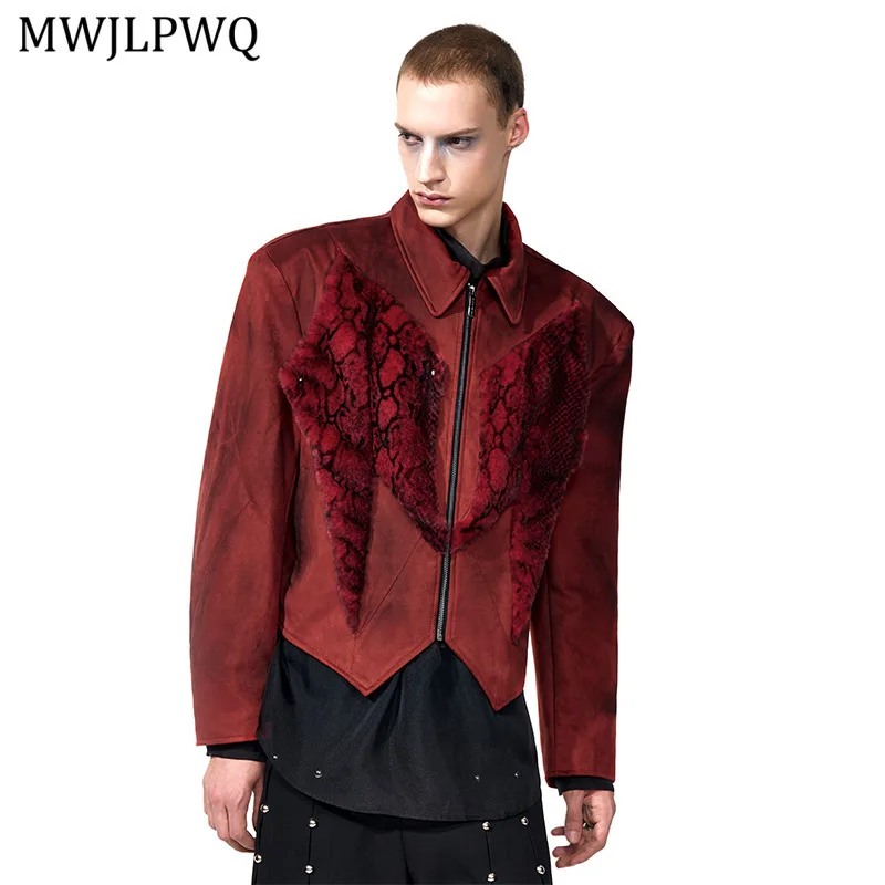 

MWJLPWQ Змеиный узор, лоскутная красная куртка из искусственного меха, мужская осенняя новая уличная одежда с аэрозольной краской, грязный стиль, топы с подкладкой на плечах 11565