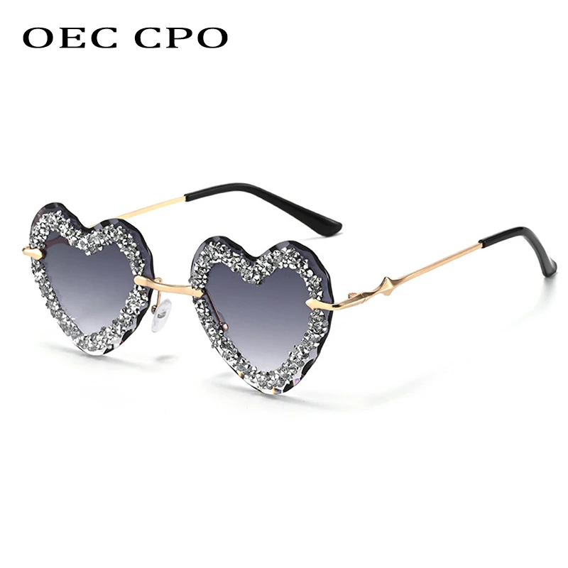 

OEC CPO Shiny Diamond Sunglasses Women Sexy Rimless Rhinestone Sun Glasses Female Metal Heart Shaped UV400 Eyewear