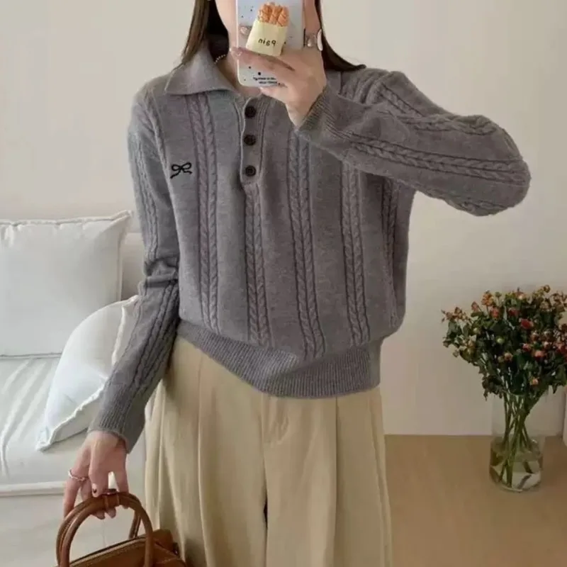 Women\'s Sweater Autumn And Winter New Korean Bow P0L0 Collar Knit Pullover Casual Versatile Ageing Tops