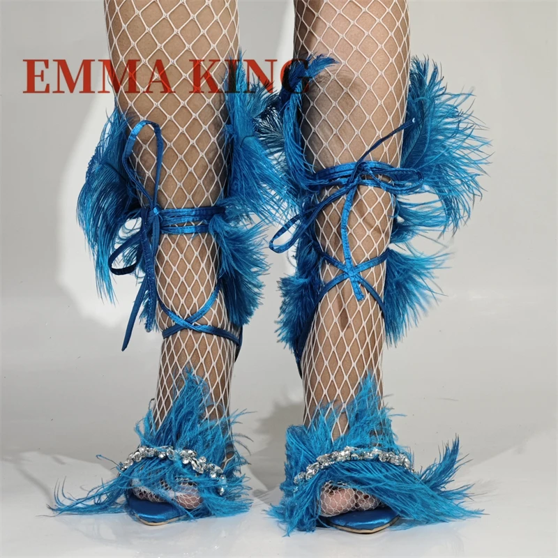 11 سنتيمتر عالية الكعب ريشة حجر الراين الصنادل المرأة الكاحل الدانتيل متابعة الخناجر الصنادل السيدات الزفاف حذاء زفاف حجم كبير 36-47 #1