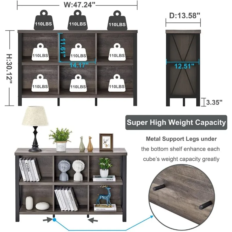 Rustic 6 Cube Storage Organizer with Shelf, Wood and Metal Cubby Bookcase, Industrial Horizontal Bookshelf