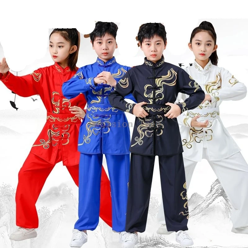 2026 kids' printed long sleeved top pants wushu uniform set children's chinese buckle kungfu set boys' stage performance costume