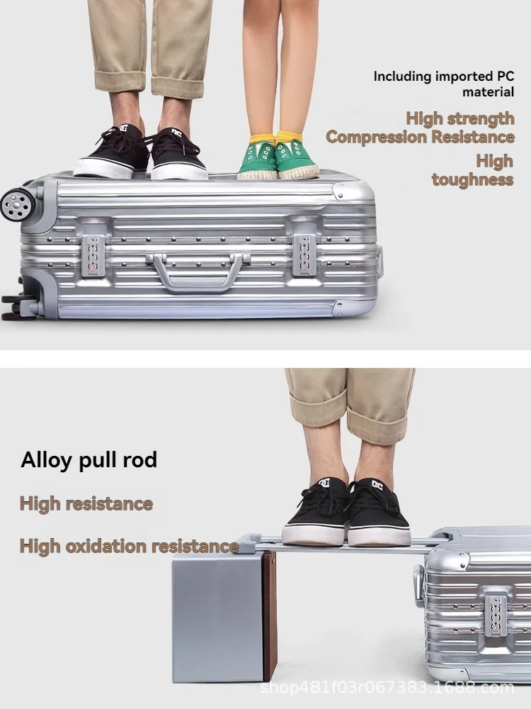 Bagagem de liga de alumínio e magnésio, caixa de senha de grande capacidade, mala feminina de 26 polegadas, caixa de viagem com roda universal, boa de 20 polegadas