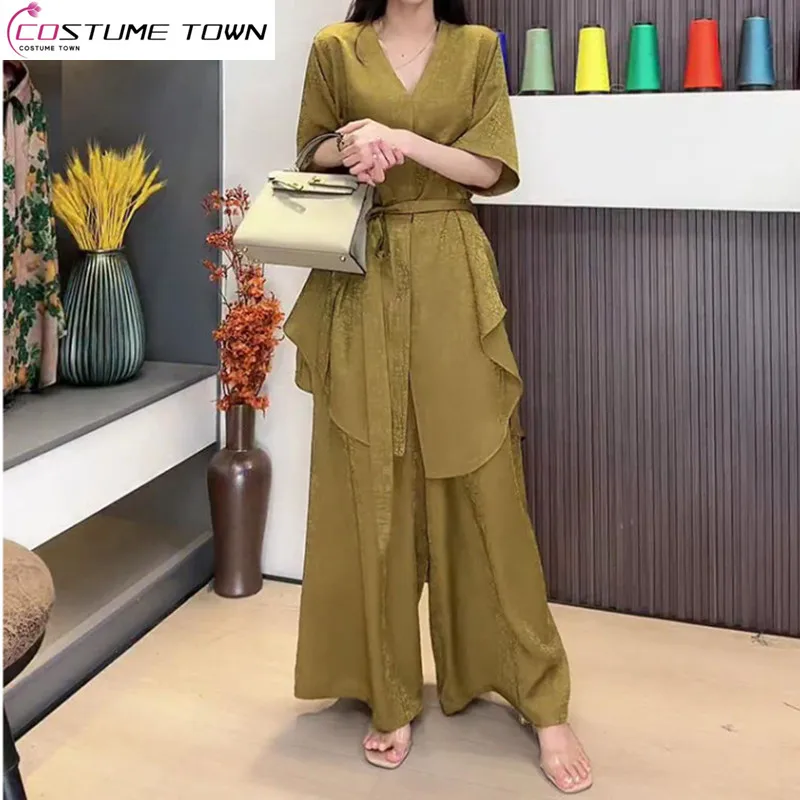 

2023 Spring/Summer New High End Fashion Large Women's Set Loose and Slim Top Wide Leg Pants Two Piece Set Fashion