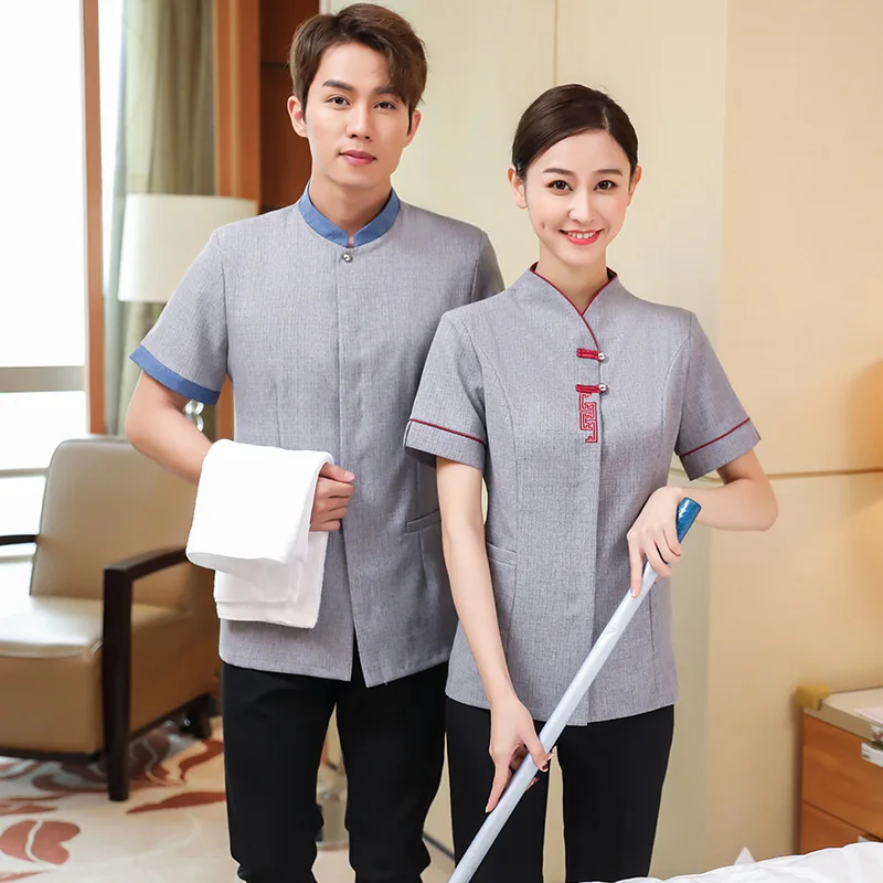 طاقم تنظيف غرفة الفندق، زي موحد لتنظيف الأرضيات بأكمام قصيرة، مجموعة ملابس عمل للتنظيف المنزلي للنساء جديد #3