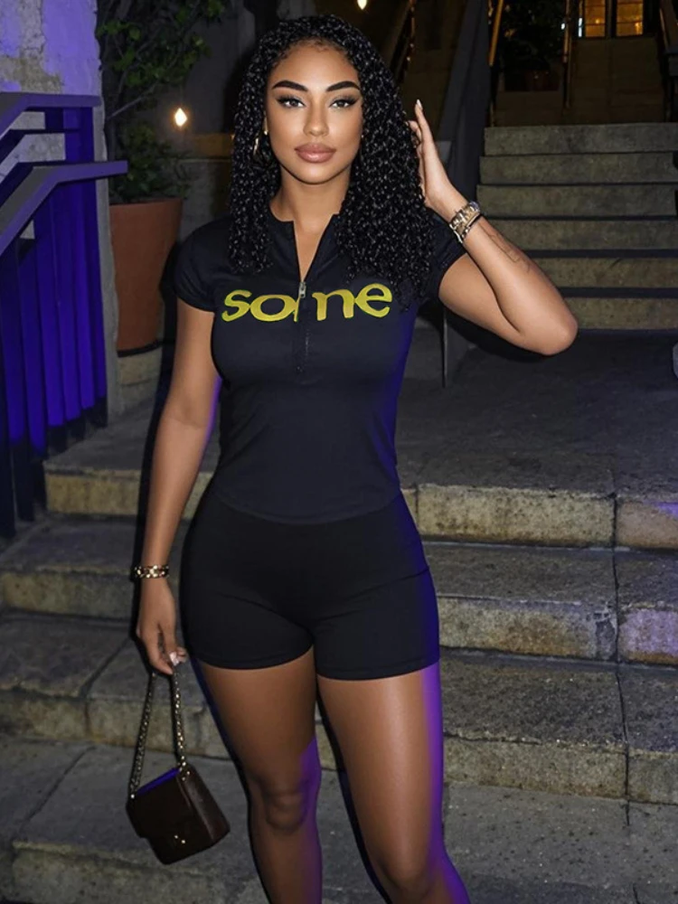 Streetwear 2 Piece Sport Set Letter Print Half Zip Short Sleeve Top & Biker Shorts