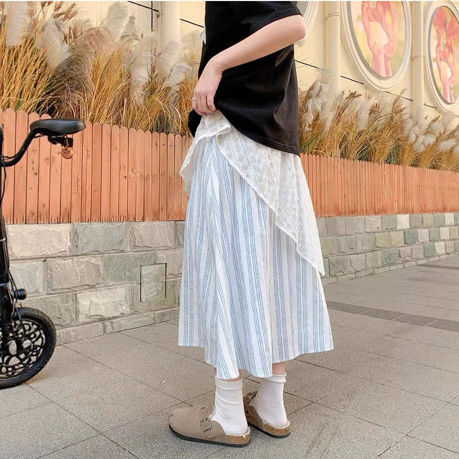 2026 New Fake Two-piece Lace Splicing Plaid Japanese Skirt Blue Plaid Versatile Mori Long Skirt