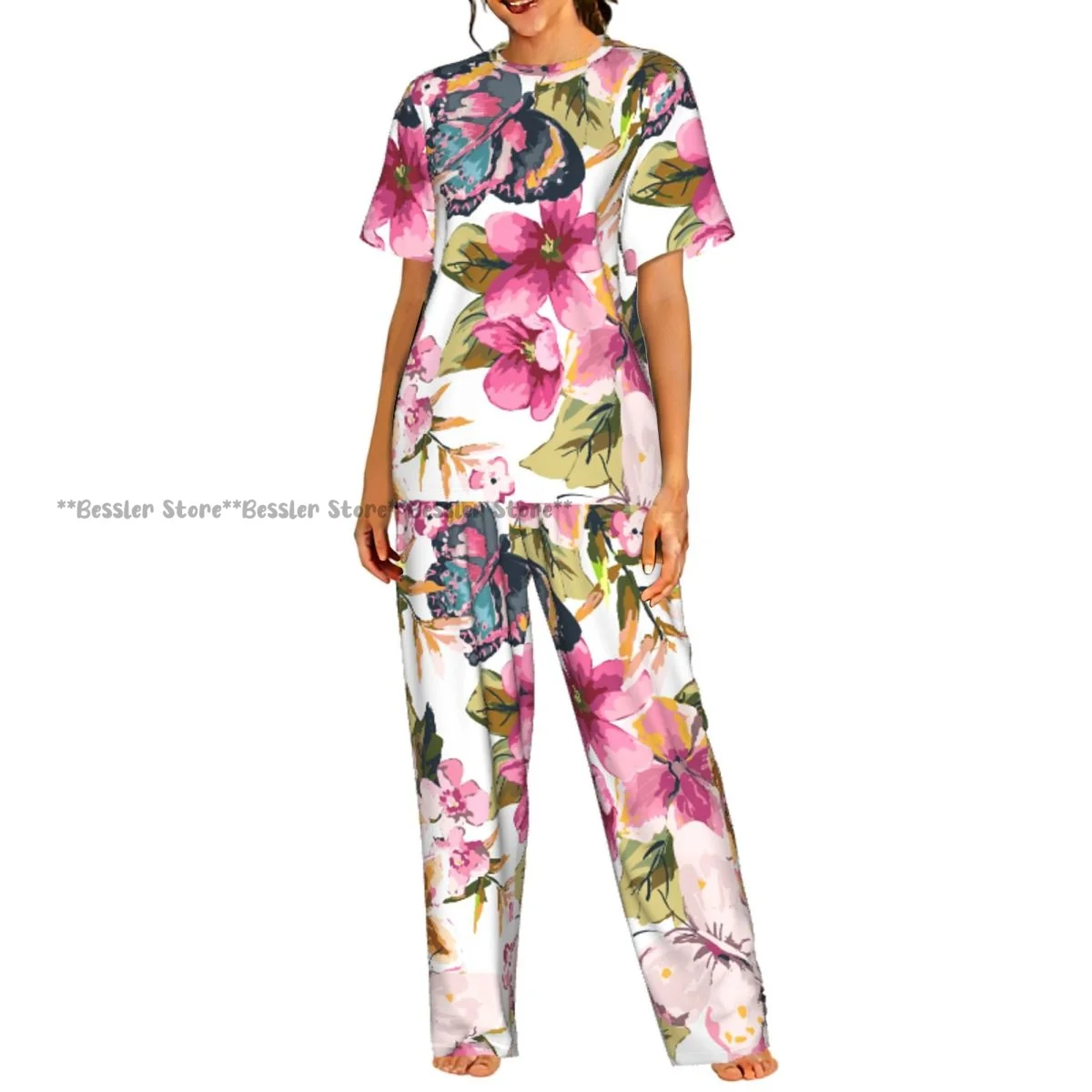 

Женские пижамные комплекты, одежда для отдыха и сна, с бесшовным узором в виде бабочек и цветов на синем фоне, ночная одежда с короткими рукавами